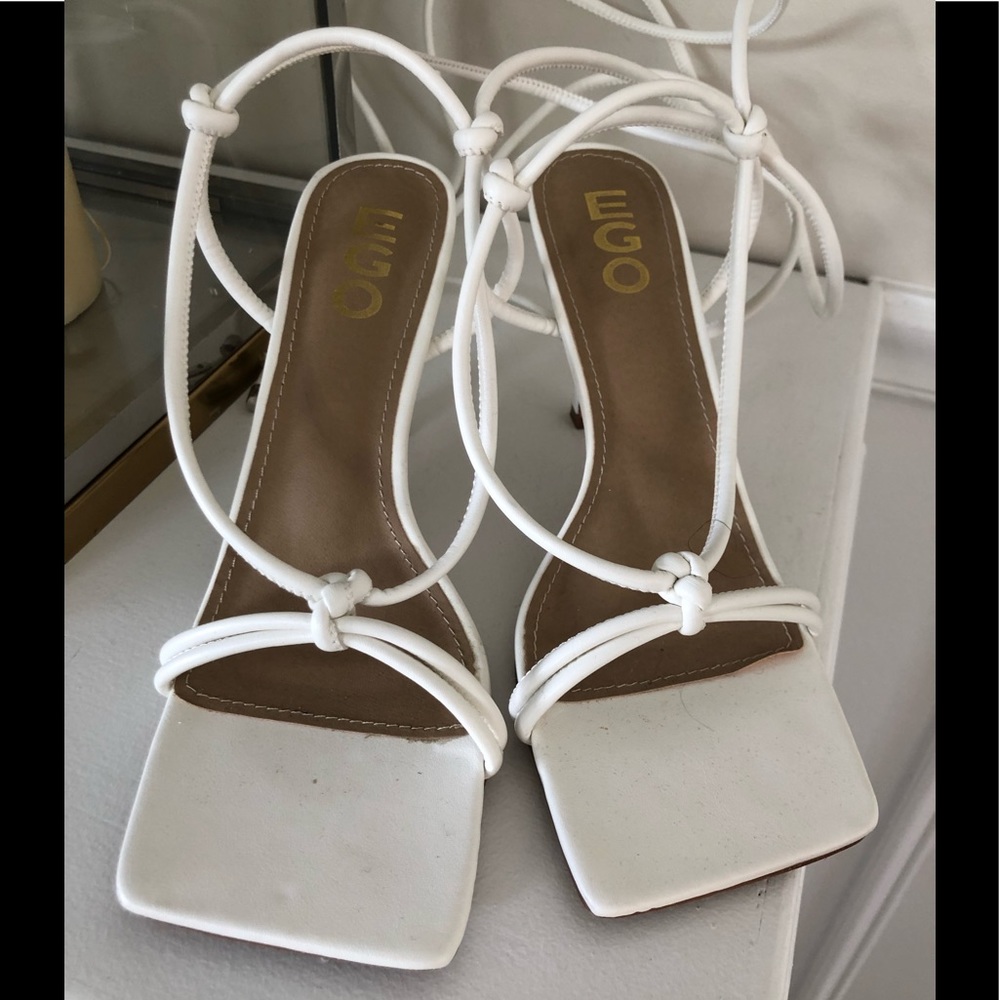EGO White Faux Leather Square Toe Lace Up Sandals